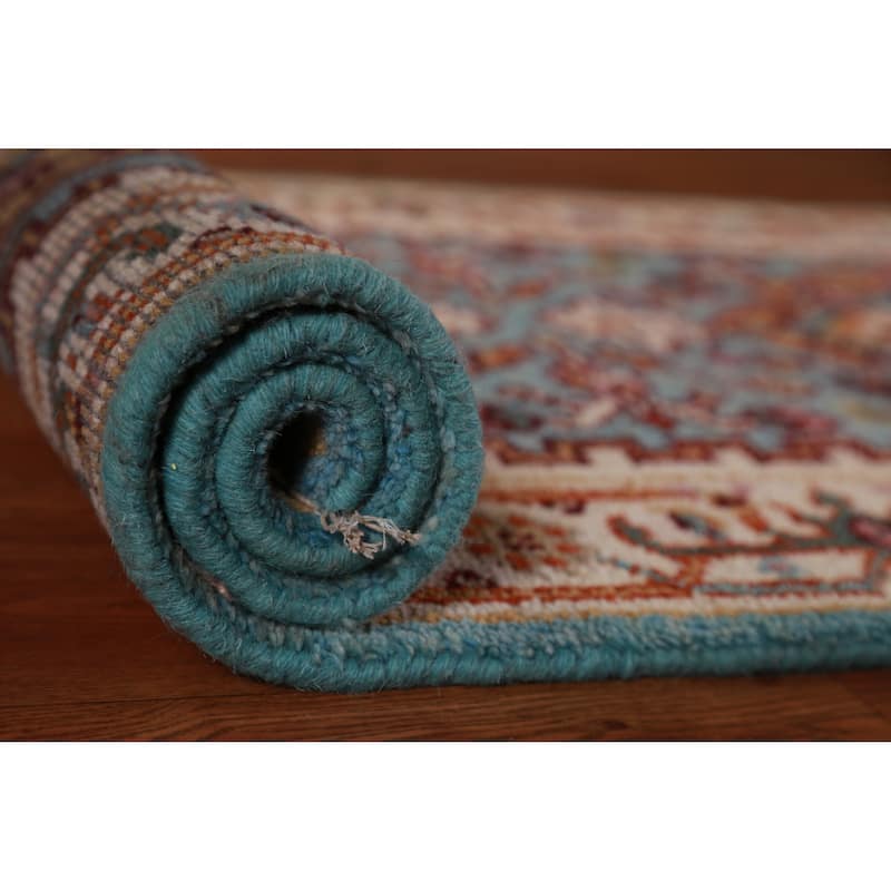 Hand Knotted Oriental 100% Wool Carpet Traditional Geometric Navy Blue & Blues Heriz (serapi) Runner Rug - 8' 0'' X 2' 6''