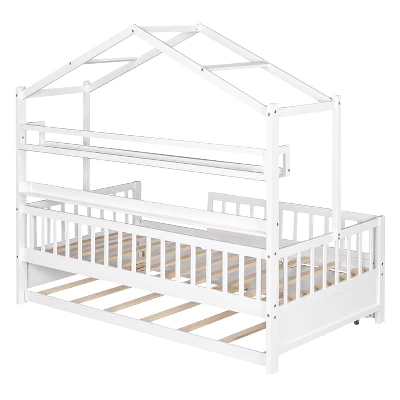 White Twin Size Low Loft Wood House Bed with Two Drawers, Playhouse ...