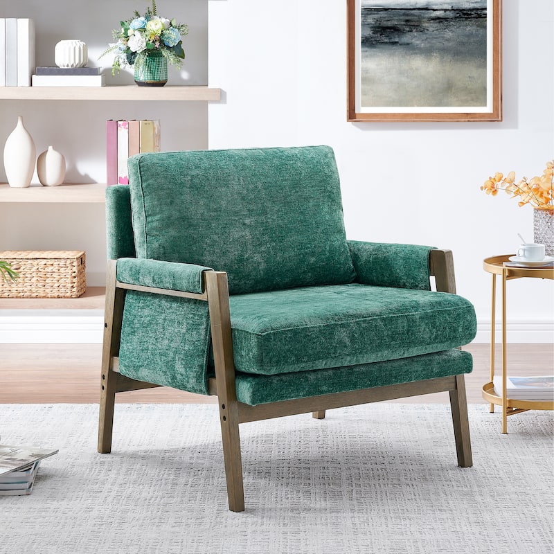Green Mid-Century Modern 35.4" Velvet Arm Chair with Solid Rubber Wood Frame and Padded Feet