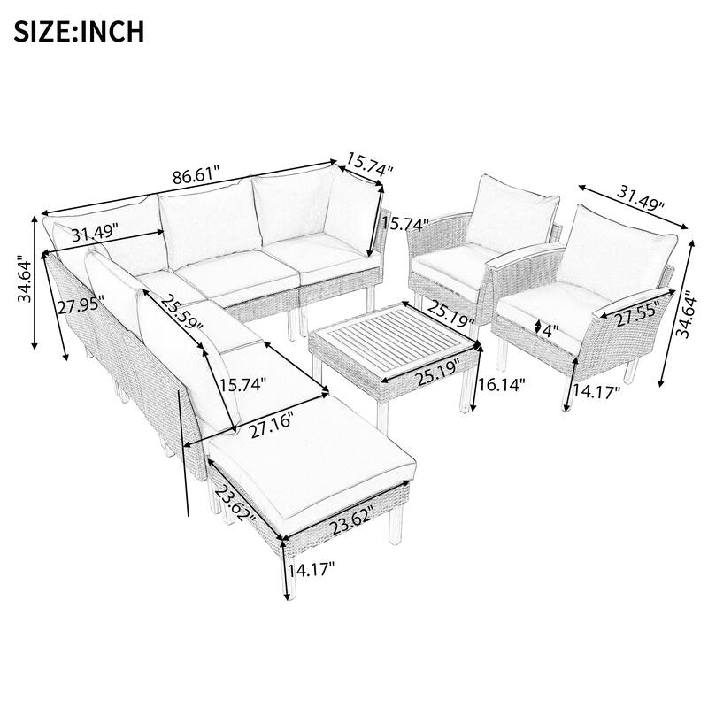 Roomfitters 9-Piece Outdoor Patio Furniture Set with Gray Rattan Sectional Sofa, 2 Armchairs and Wood Top Coffee Table, Gray