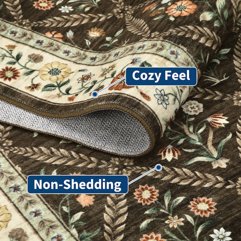 Floral Area Rugs for Living Room Bedroom Soft Farmhouse Washable Rug Non-Slip Low Pile Accent Carpet