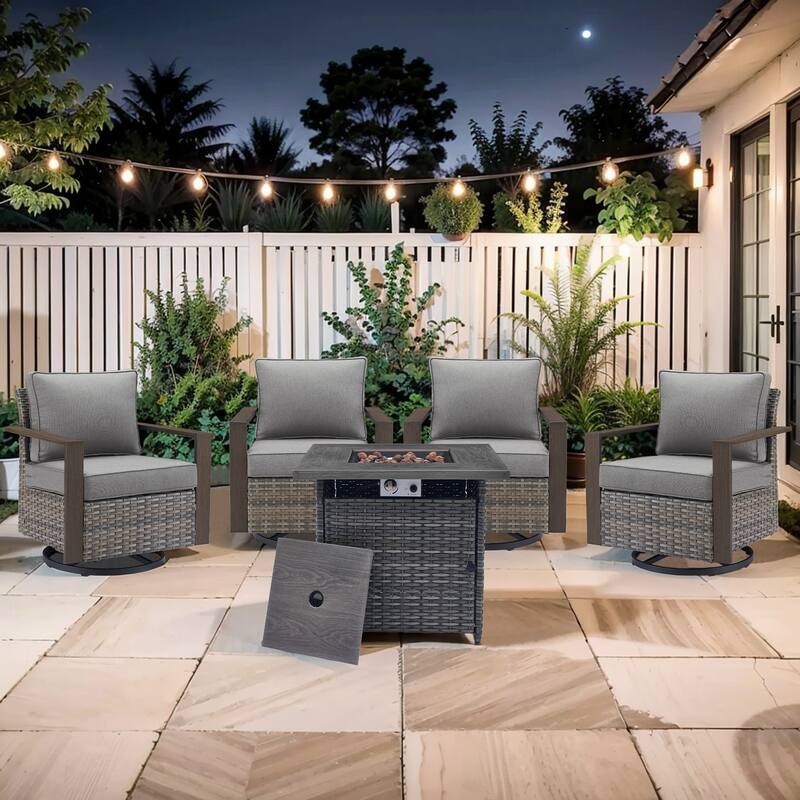 Pocassy Outdoor 30" Fire Pit Table with Sofa Swivel Chair Set - Grey Wicker Gray Cushion - 5-Piece Swivel Chair with Suqare Fire Table