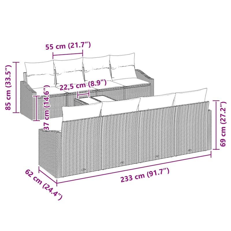 vidaXL 9 Piece Garden Sofa Set with Cushions - 91.7×24.4×27.2