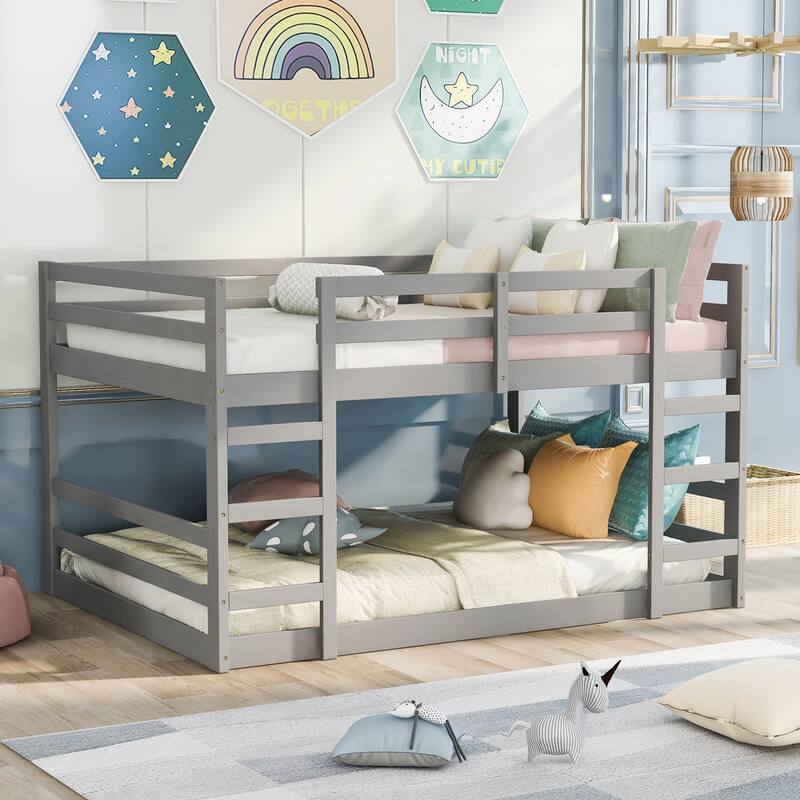 Multi-Functional Bunk Bed with 2 Built-in Ladder, Solid Wood Bed Frame, Low Bunk Beds with Safety Guardrail for Kids Boys Girls