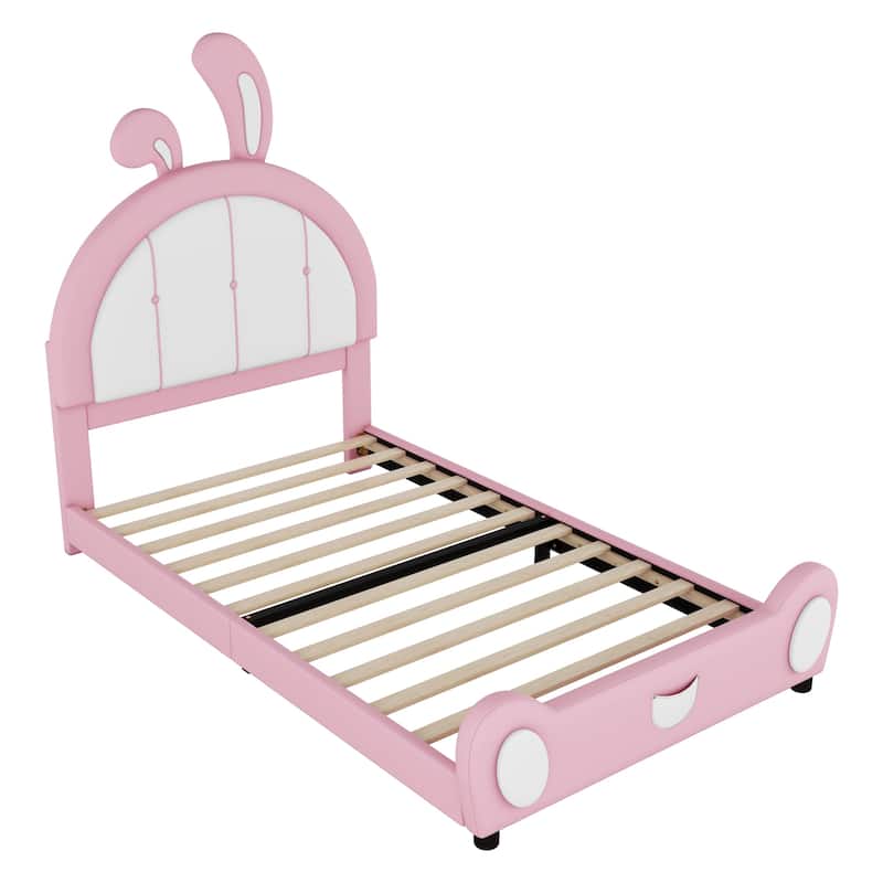 Upholstered Leather Bed Frame, Twin Size Platform Bed with Rabbit Shaped Headboard and Footboard for Bedroom, Study