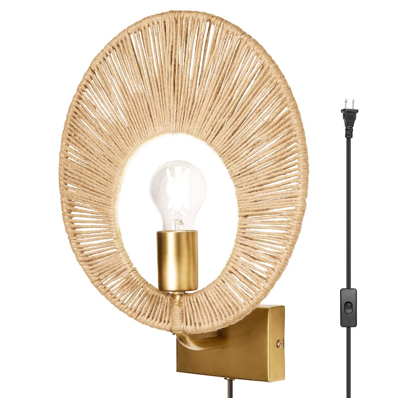 Cove River of Goods Gold Metal and Jute Indoor Plug In Wall Sconce - 13" x 5" x 15" - 13" x 5" x 15" - Brown/Gold