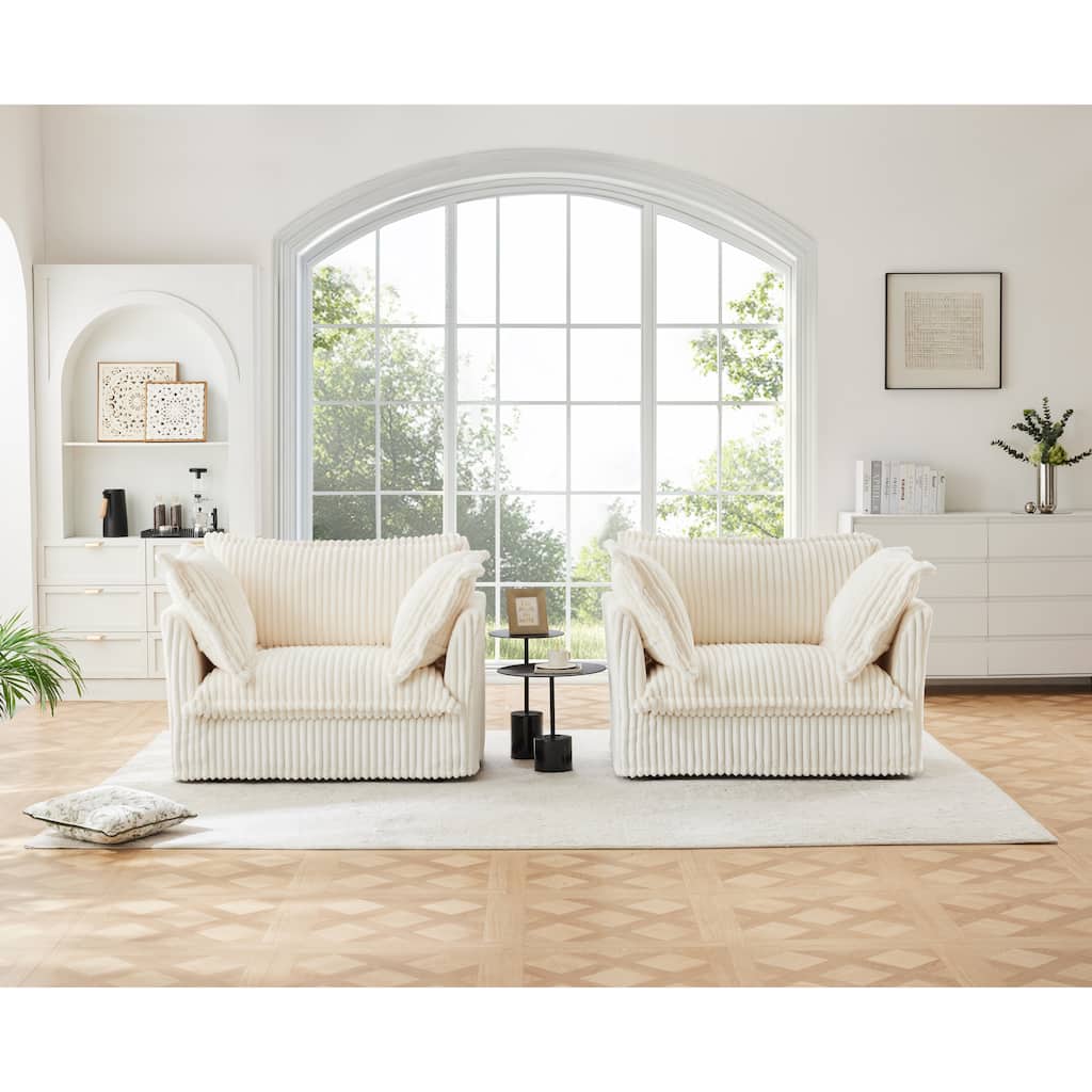 Set of 2 Corduroy Slipcovered Deep Seat Armchairs with Large Soft Pillows