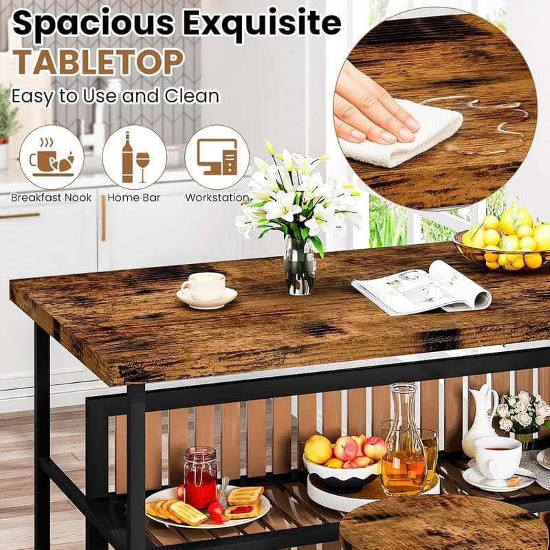 Grondin Mid-Century Modern 3-Piece Faux Marble Top Kitchen Island Set with 2 Stools and Shelves