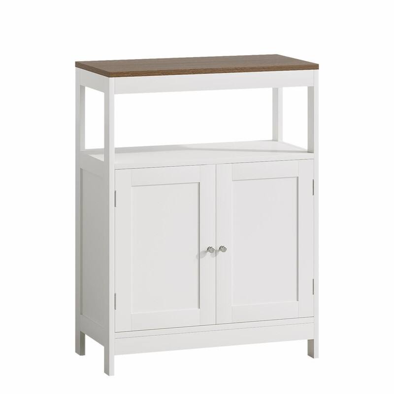 Modern Storage Cabinet with Double Doors, Freestanding Wood Organizer with Open Shelf and Natural Wood Top