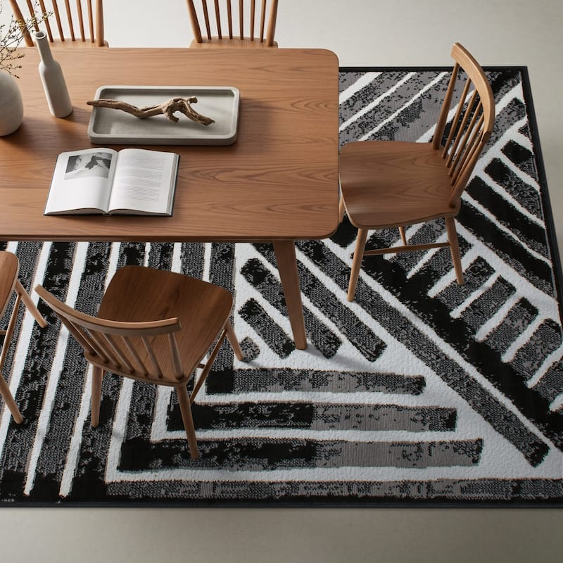 World Rug Gallery Contemporary Stripe Design Black / Gray / Ivory Area Rug