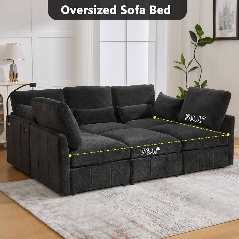 U Shaped Modular Sectional Sofa with Movable Ottoman, Chenille Upholstered 5-Seater Sofa with 2 USB Ports & Phone Holder