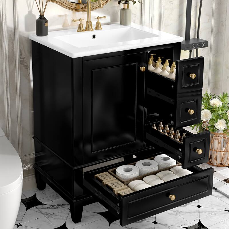 24" Bathroom Vanity with Ceramic Sink & Storage - Freestanding Cabinet, MDF & Solid Wood Base, Modern Design for Small Bathrooms