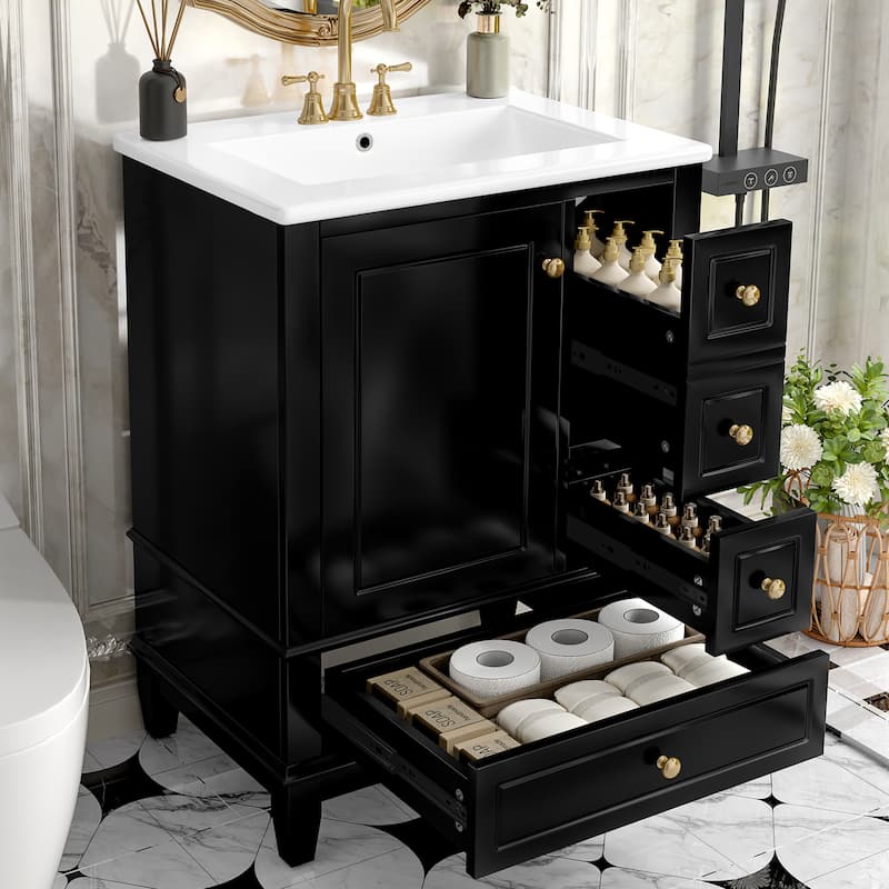 24" Freestanding Bathroom Vanity with Sink - Ceramic Top, Drawers & Shelves, MDF & Solid Wood Base, for Small Bathrooms - Black