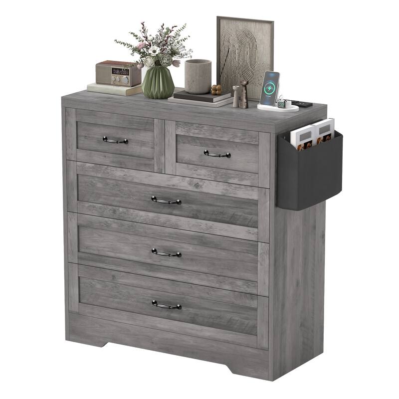 Vintage Double Dresser Chest of Drawers with Charging Station and Side Organizer Bag - Grey - 5-drawer