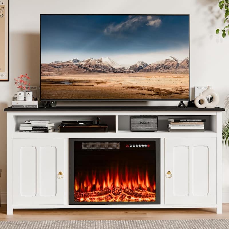 BOSSIN 58" Fireplace TV Stand for TV up to 65",Farmhouse Entertainment Center with Fireplace,Storage Cabinets,Adjustable Shelves - Black