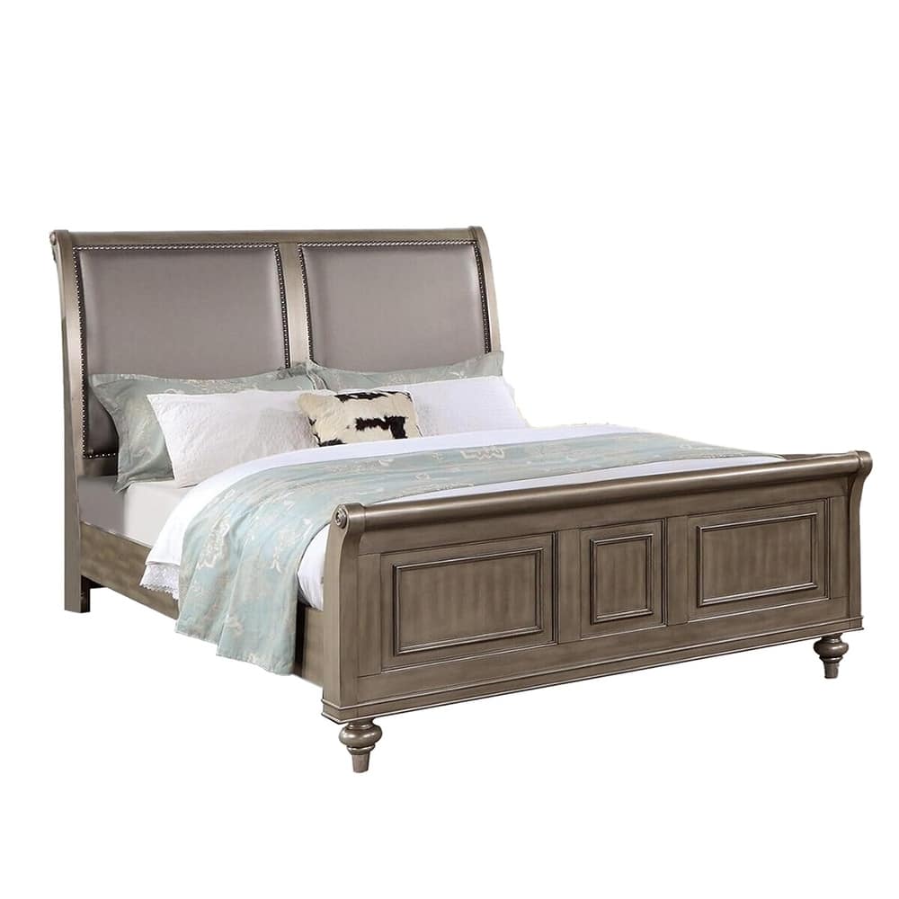 Wooden Bed with Upholstered Headboard in Antique Silver