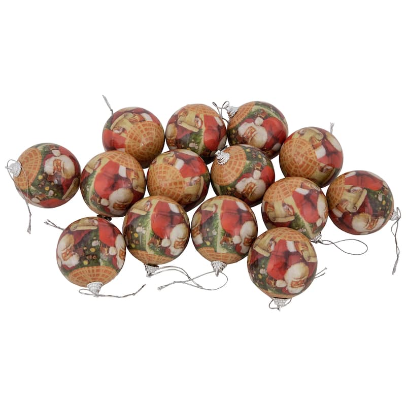 14-Piece Santa with List Decoupage Christmas Ball Ornament Set, 2.25"