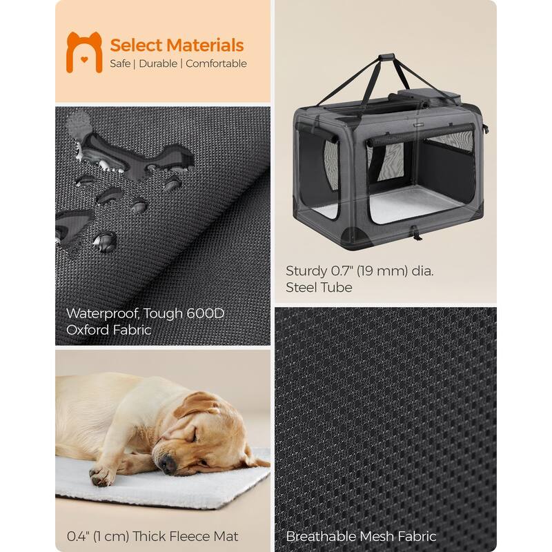Collapsible Pet Carrier, Oxford Fabric, Mesh, Metal Frame, With Handle, Storage Pockets