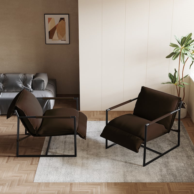 Mid-century Metal Sling Armchair with Lengthen Upholstered Set of 2