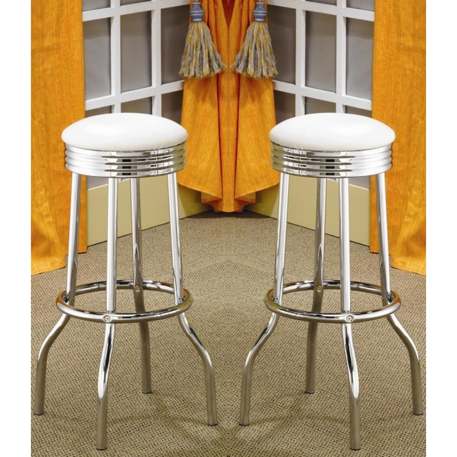 Nostalgic Retro Chrome White Swivel Bar Stools Set of 2