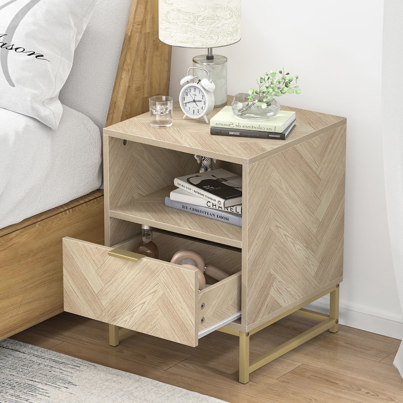 Anmytek Contemporary 1-Drawer Wood Nightstand for Bedroom Bedside Table with Open Shelf