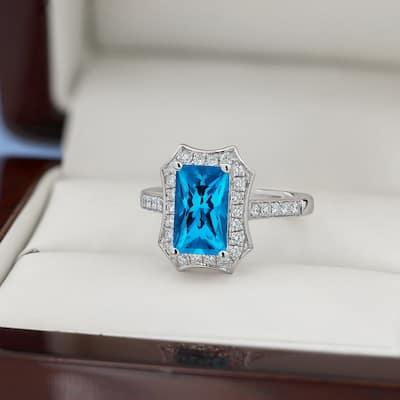 Auriya Vintage 1 3/4ct Emerald-cut Swiss-Blue Topaz and Halo Diamond Engagement Ring 3/8ctw 14k Gold
