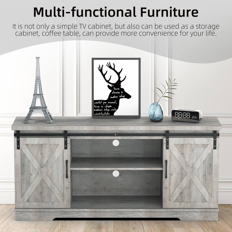TV Stand for 65" TV with Barn Doors, Storage and Shelves