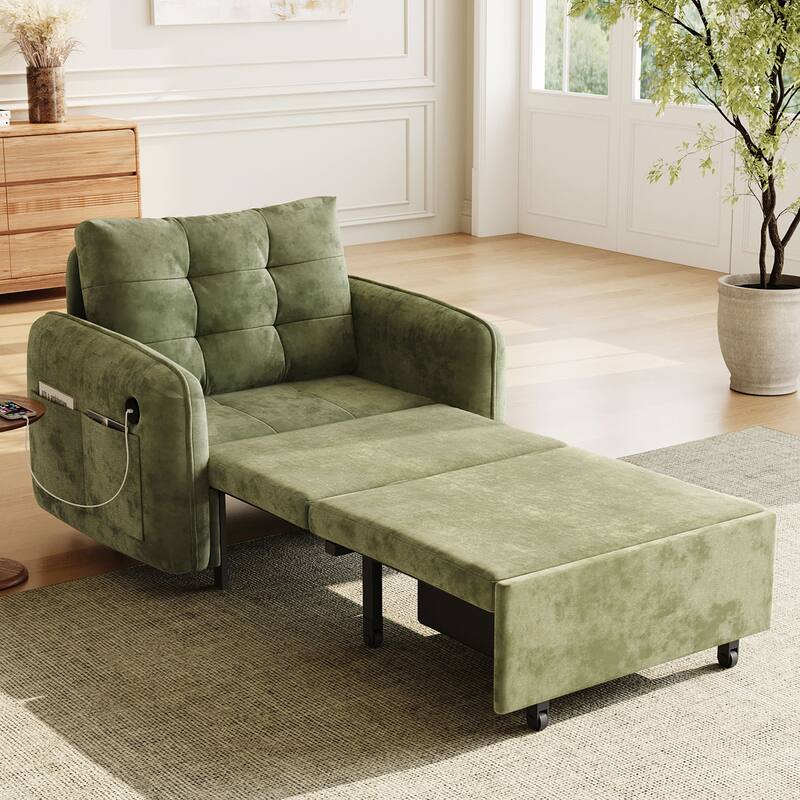 Roomfitters 3-in-1 Sleeper Chair Bed, 80'' Pull Out Lounge with USB Charging, Storage Pockets, Chenille - Green