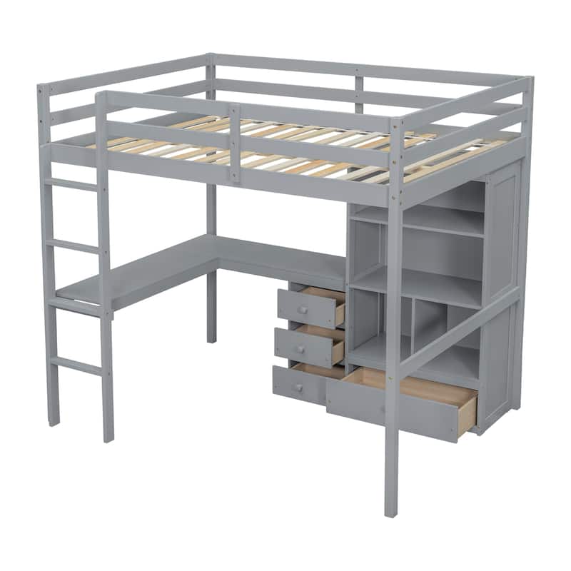 Grey Full Size Wood Loft Bed with Desk and Storage