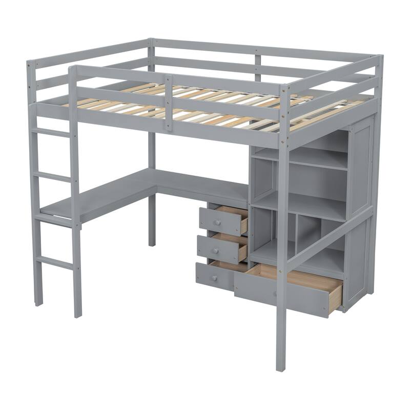Grey Full Wood Loft Bed with Desk, Storage & Guardrails