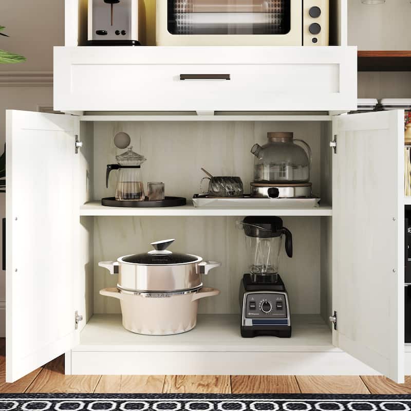 Kitchen Sideboard with Charging Station, Multifunctional Buffet Cabinet with Glass Holder, 1 Drawer & 5 Adjustable Shelves