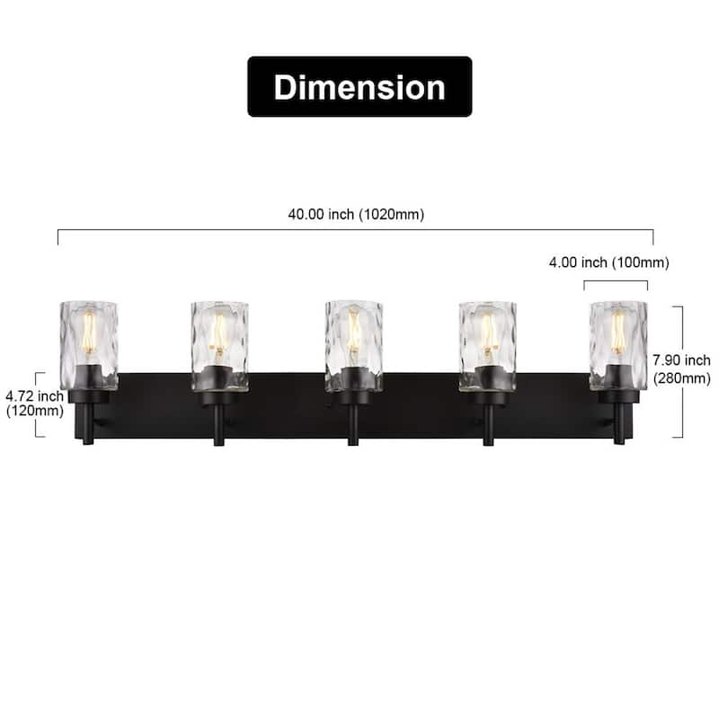 5-Light Black Vanity Light with Hammered Glass