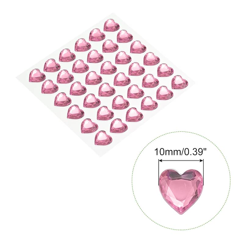 144 Pcs Heart Rhinestone 10mm Self Adhesive Gems Stickers Pink - Pink