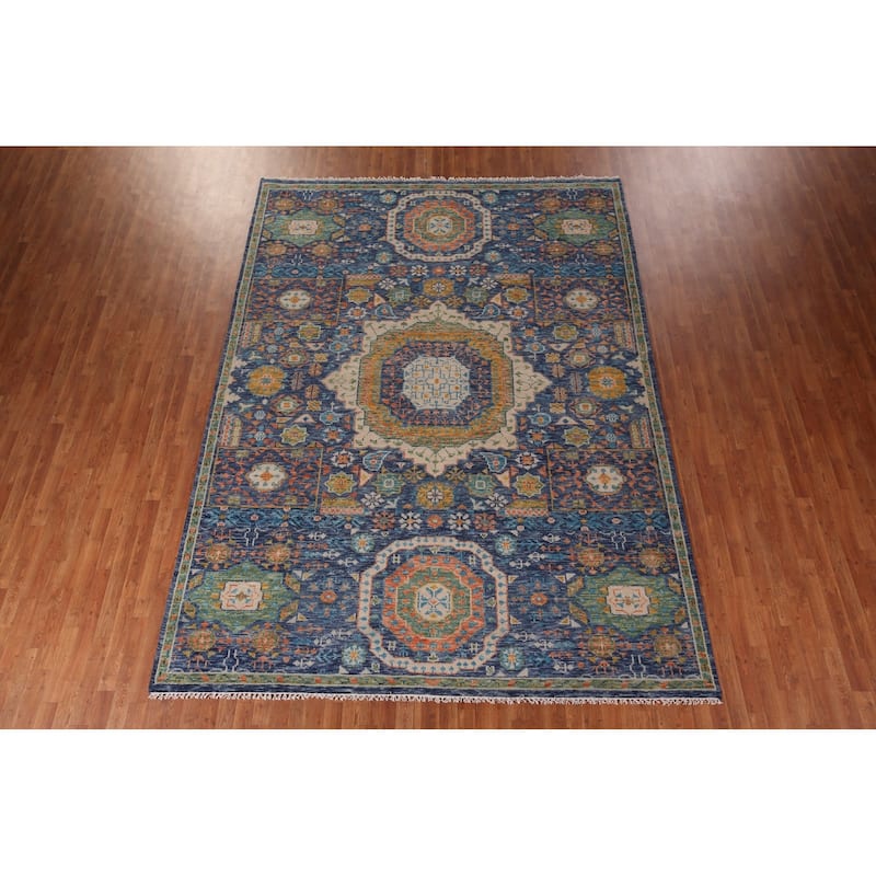 Blue Geometric Khotan Oriental Area Rug Handmade Wool Carpet - 8'9"x 11'11"