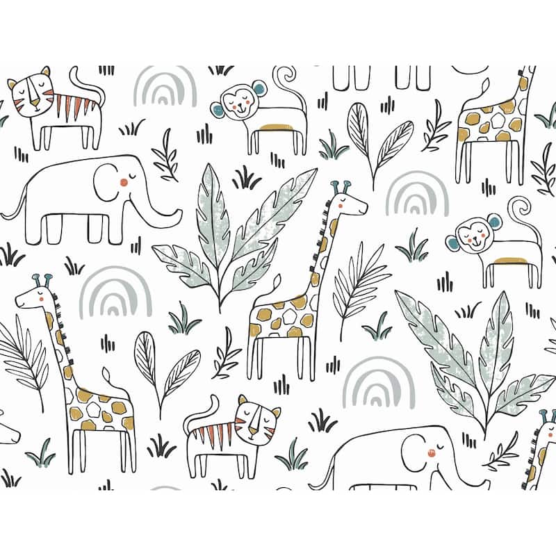 RoomMates White & Yellow Jungle Menagerie Peel and Stick Wallpaper ...