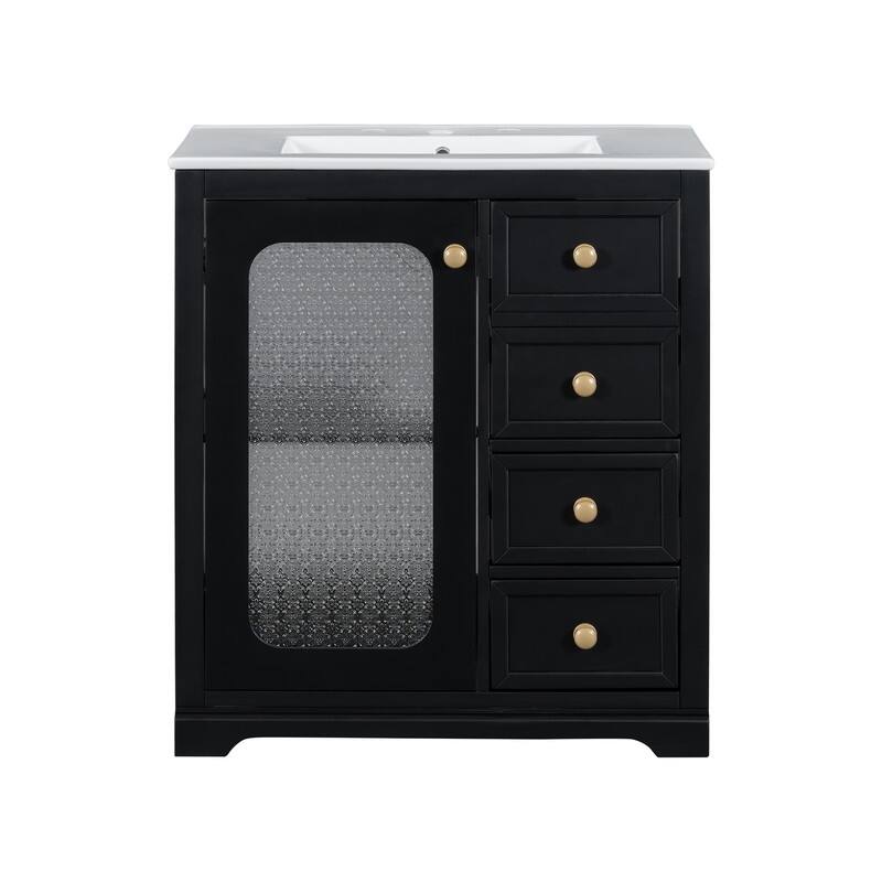 30''/36'' Bathroom Vanity with Sink, 3 Drawers Bathroom Storage Cabinet with Soft-Close Glass Door and Adjustable Shelf