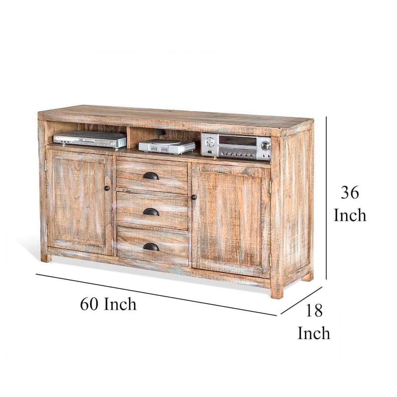 Rany TV Console, 60Wx36H Light Brown Mahogany, 5 Shelves, 3 Drawers