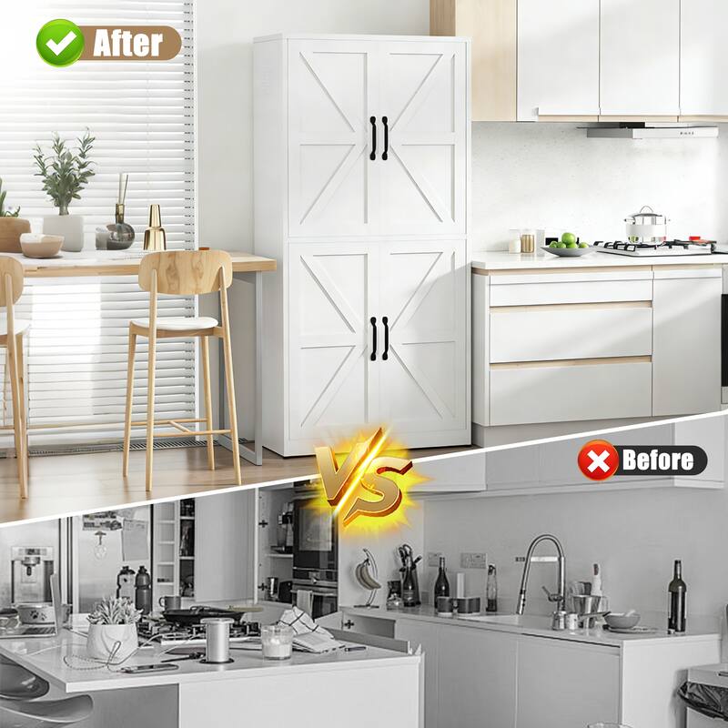 White Steel Kitchen Pantry Storage Cabinet with Adjustable shelves, heavy-duty country cabinet for kitchens, bathrooms