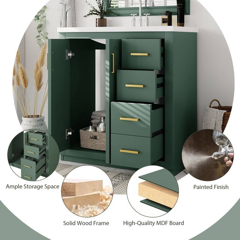 30-Inch Freestanding Bathroom Vanity Set - Features Ceramic Sink Combo, Solid Wood Frame & 3 Soft-Close Drawers