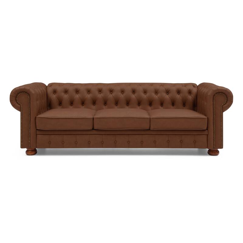 Roomfitters Classic Chesterfield Sofa with Rolled Arms, Tufted Faux Leather Couch for Living Room, Brown