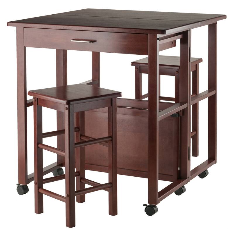 3 Piece Compact Kitchen Table Set with Storage Drawer and Rolling Casters - 30.63 x 31.57 x 31.73 inches