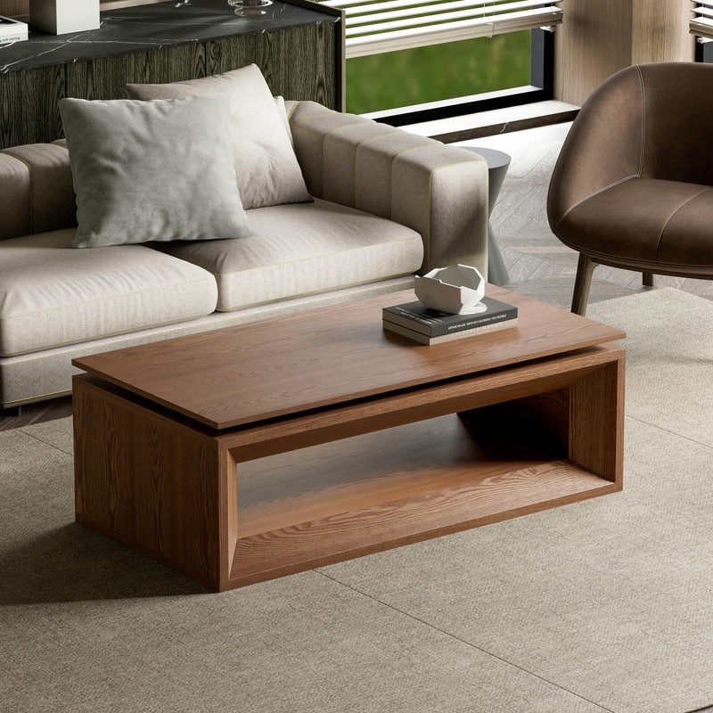 43.3" Lift-Top Coffee Table, Solid Wood Veneer Modern Accent Table with Storage and Adjustable Height