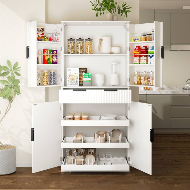 Modern Kitchen Storage Cabinet with 3 Keyboard Drawers & 6 Adjustable Shelves - 72" Tall Freestanding Cupboard for Bathroom