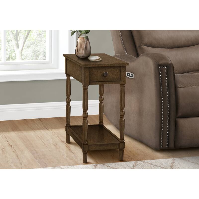 Accent Table, 2 Tier, End, Side Table, Nightstand, Bedroom, Narrow, Lamp, Storage Drawer, Brown Veneer, Traditional