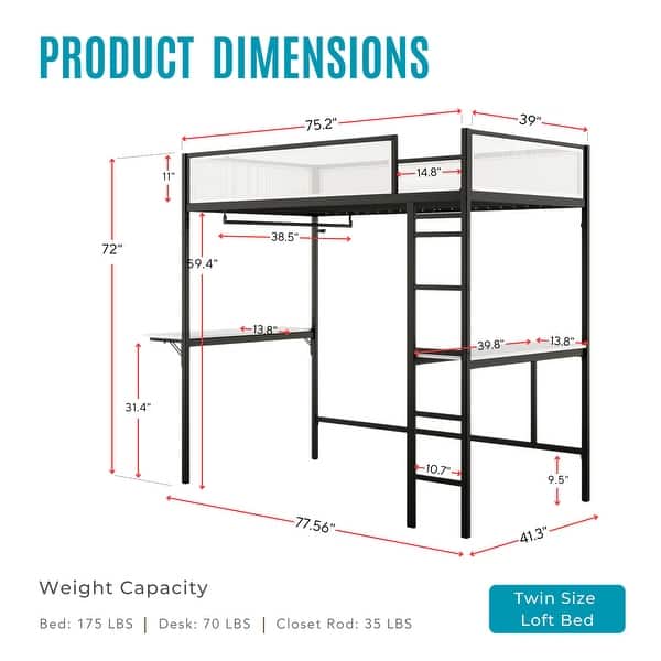 dimension image slide 0 of 2, Furniture of America Jackson Modern Black Metal Loft Bed with Dual Desks and Closet Rod