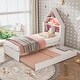preview thumbnail 3 of 7, White+Pink Twin Size Wood House-Shaped Bed with Bookcase Headboard and Led Light and Trundle for Kids Boys Girls