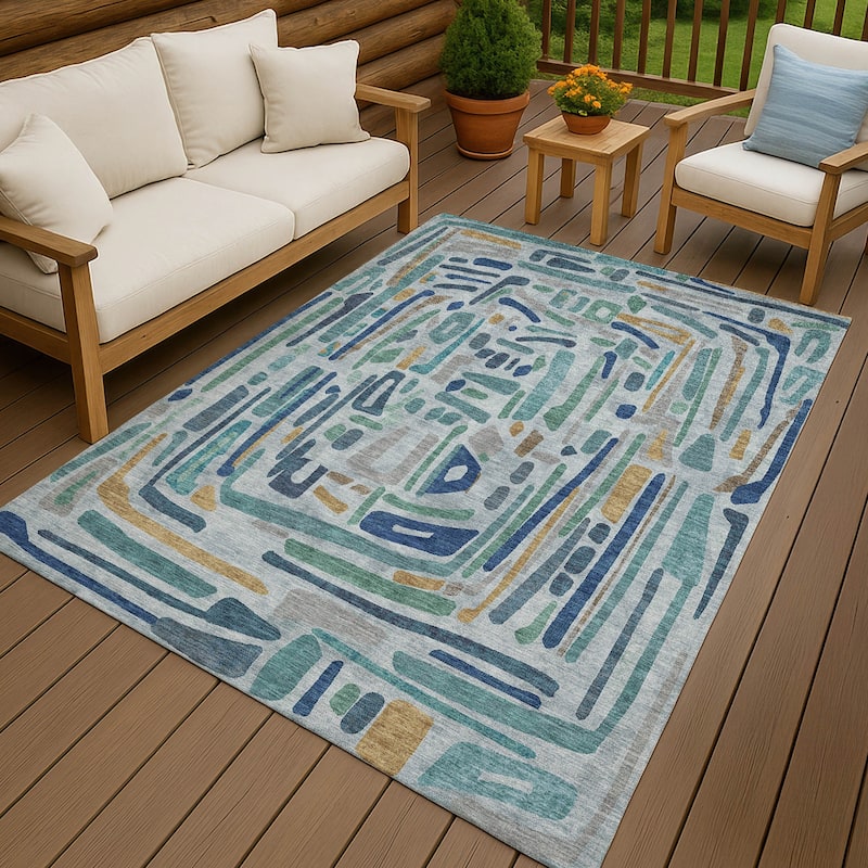 Machine Washable Indoor/ Outdoor Global Geo Chantille Rug - Teal - 9' x 12'