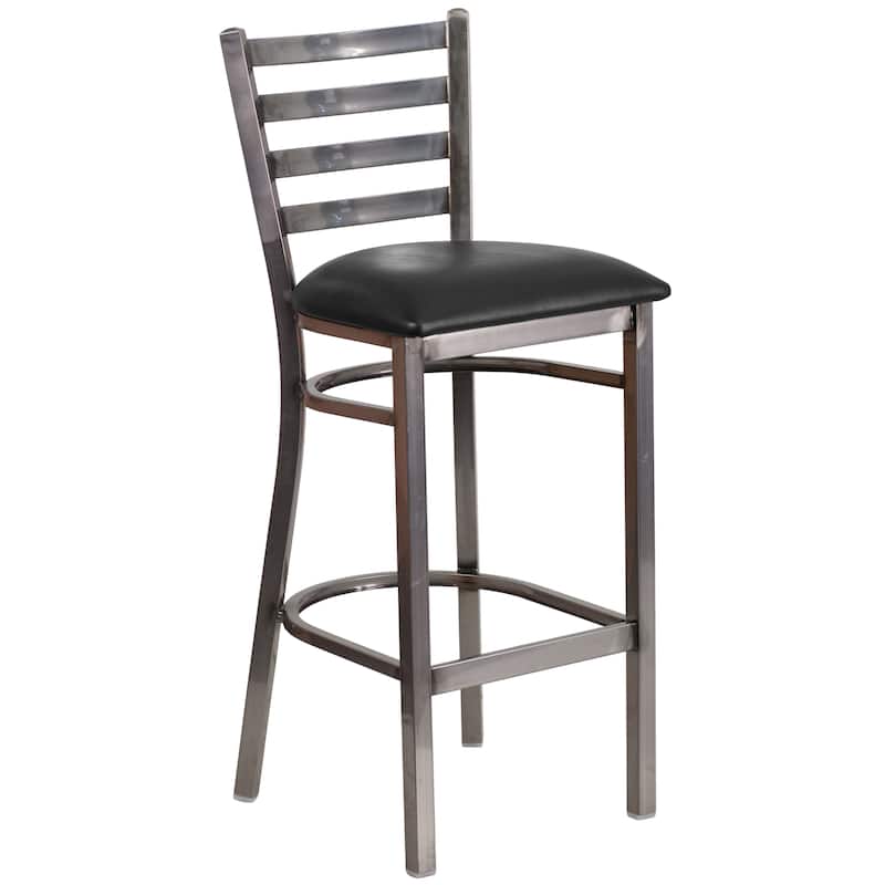 Clear Coated Ladder Back Metal Restaurant Barstool - 17"W x 18"D x 42.25"H - Black Vinyl Seat/ Clear Coated Metal Frame
