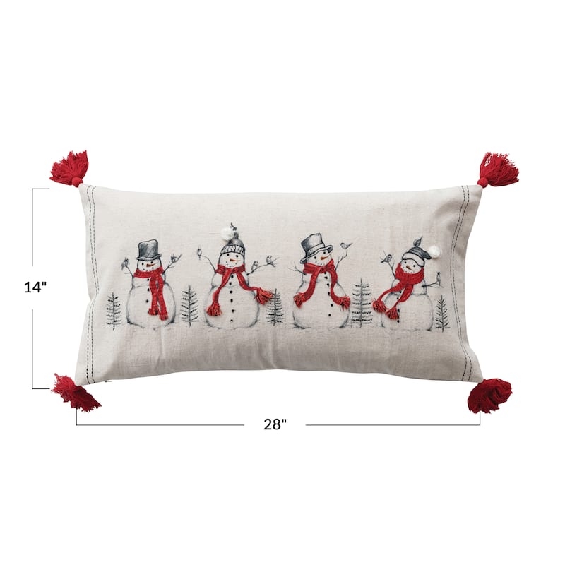Linen Printed Lumbar Pillow with Embroidered Snowmen and Birds Image, Pompoms and Tassels