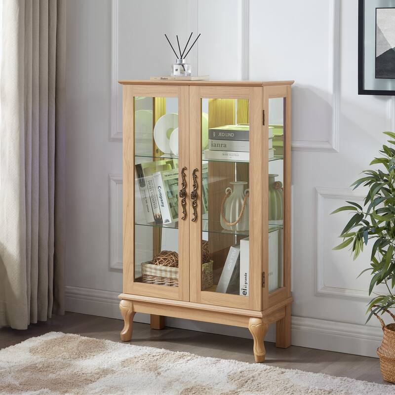 Elegant Light Oak Curio Cabinet with Tempered Glass Doors, LED Light, Mirrored Back Panel & Adjustable Shelves